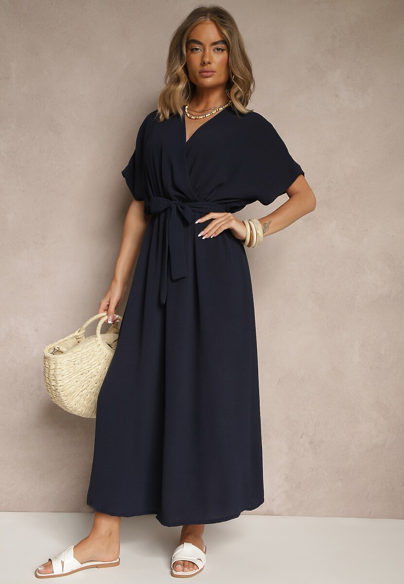 Granatowa Rozkloszowana Sukienka z Bawełną i Paskiem Lunapinia