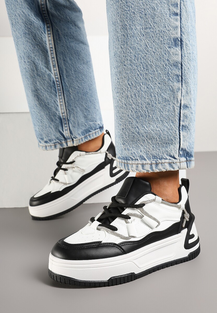 Biało-Czarne Sneakersy na Platformie z Paskiem z Cyrkonii Aneolin