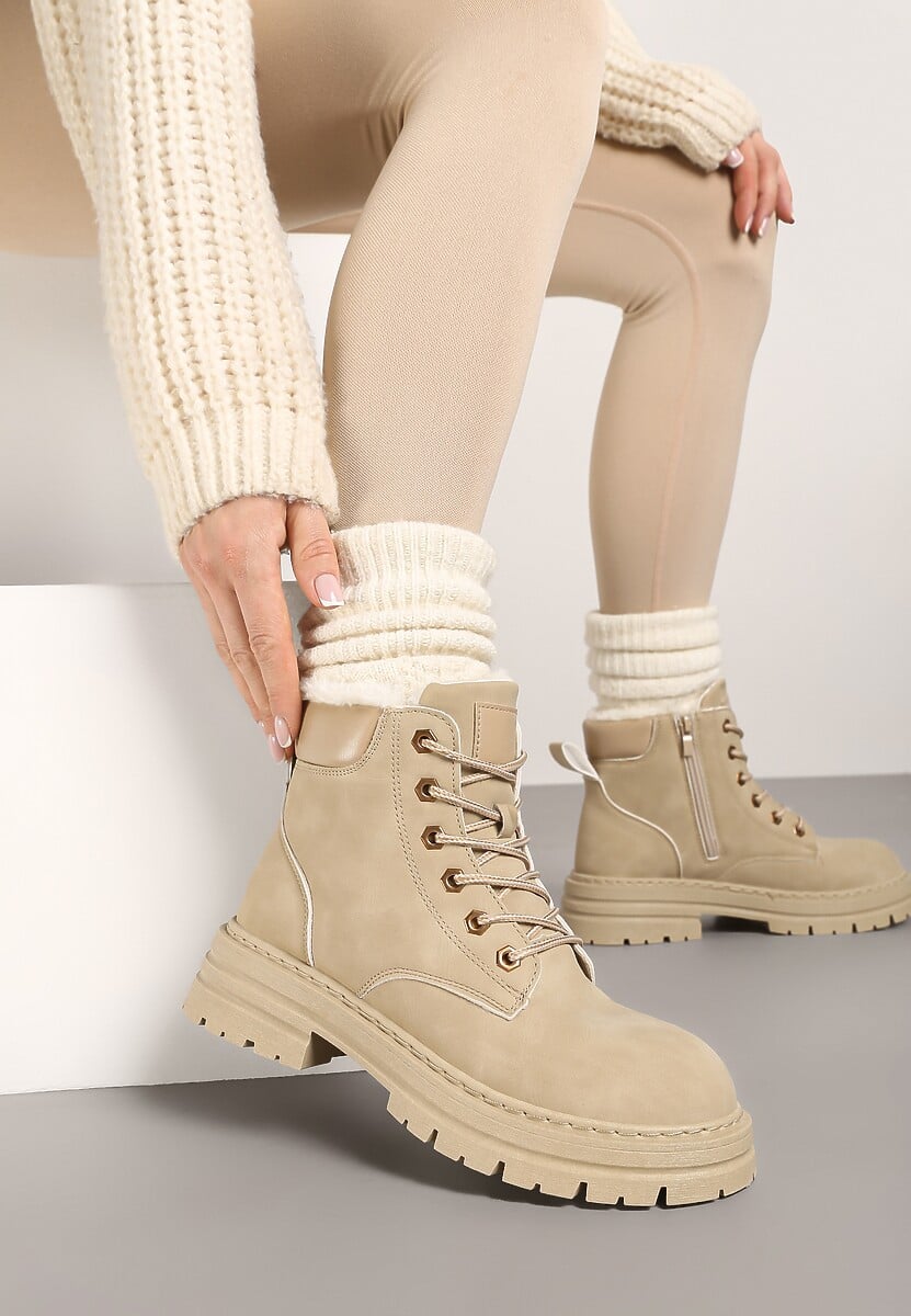 Beżowe Traperki Mocno Ocieplone Sztucznym Futerkiem Janeka