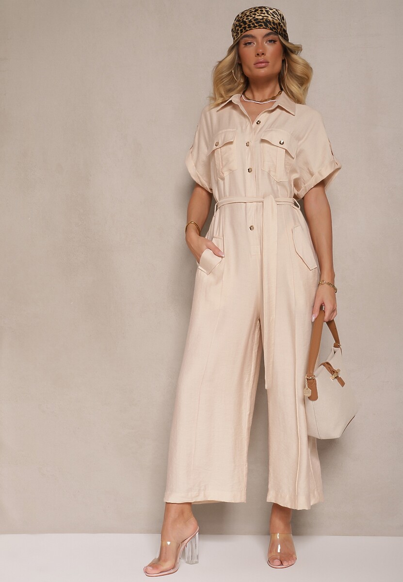 Beżowy Kombinezon Ozdobiony Kieszeniami i Paskiem Wilsedi