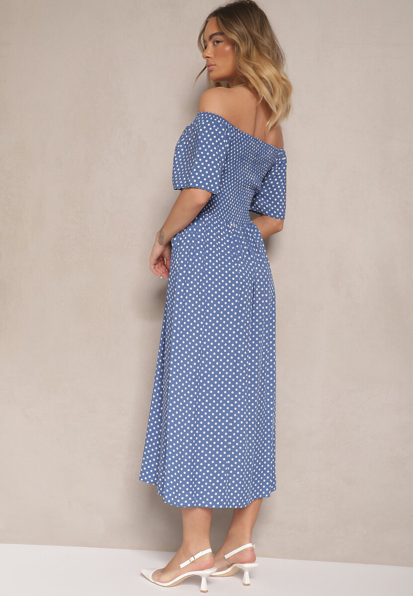 Niebieska Bawełniana Sukienka o Rozkloszowanym Kroju Zdobiona Printem w Groszki Lisanovia