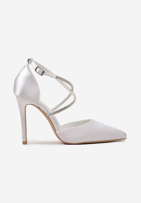 Białe Satynowe Szpilki Ozdobione Cyrkoniami na Cienkich Paskach Wynstelle