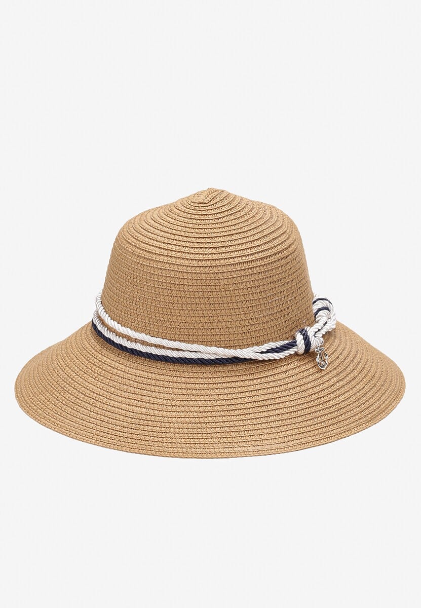 Beżowy Pleciony Kapelusz z Szerokim Rondem i Kontrastową Taśmą Paccea