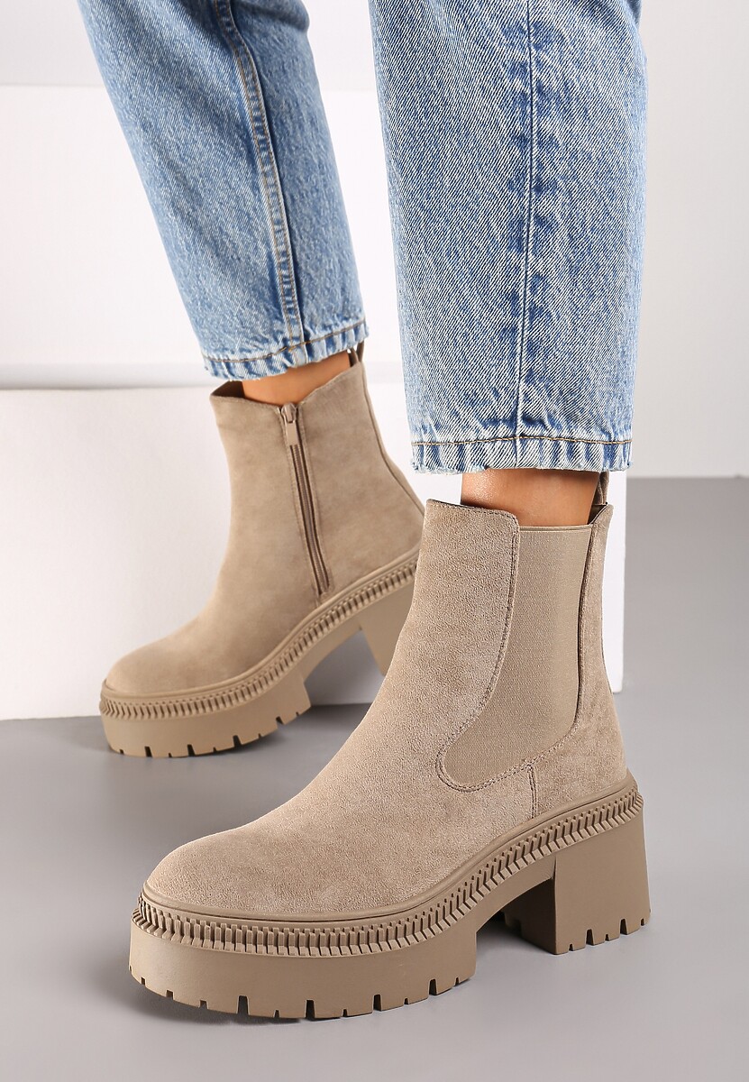 Ciemnobeżowe Botki na Słupku i Platformie Sztyblety Grunge z Elastyczną Cholewką Lericea