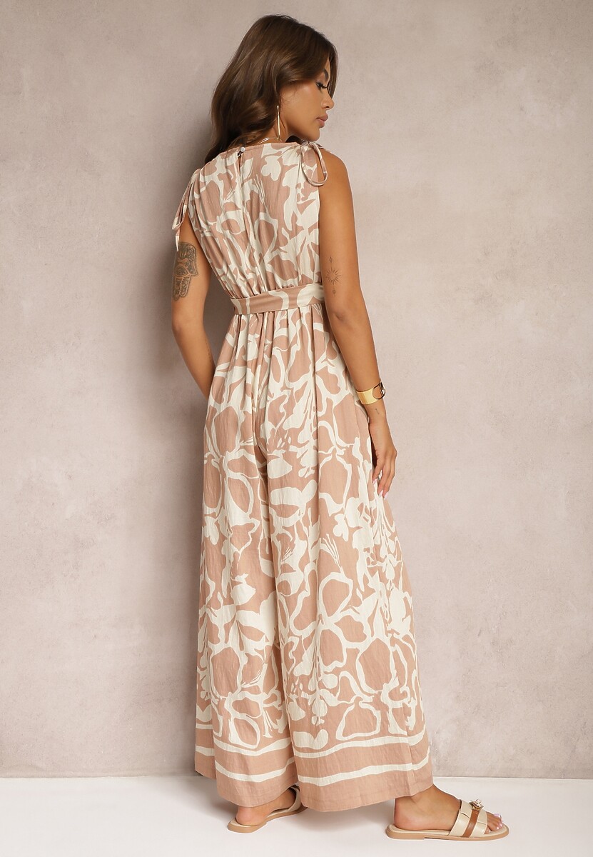 Beżowy Kombinezon z Dodatkiem Wiskozy Paskiem w Talii i Kopertowym Dekoltem Paratia