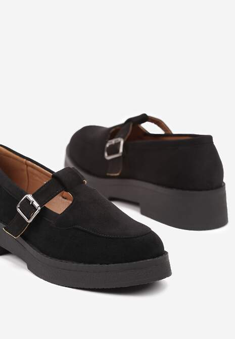 Czarne Mokasyny na Płaskiej Podeszwie Wykończone Paskiem ze Sprzączką Rexinda