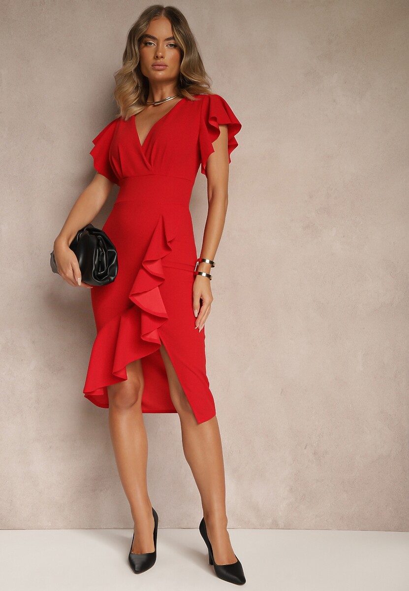 Ciemnobeżowa Kopertowa Sukienka z Trójkątnym Dekoltem i Falbankami Holana