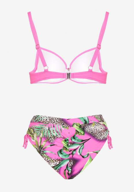 Fuksjowe Bikini z Motywem Roślinnym Biustonosz i Majtki Figi ze Ściągaczami Sadorene