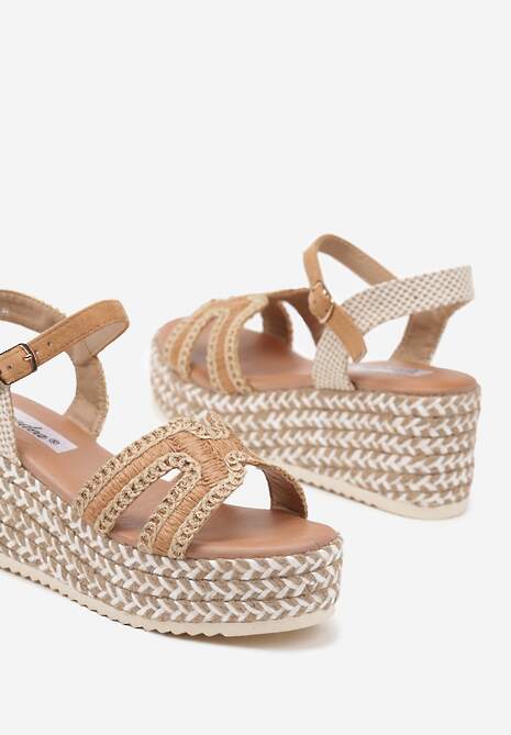 Brązowe Sandały w Stylu Boho na Plecionym Koturnie Galtia
