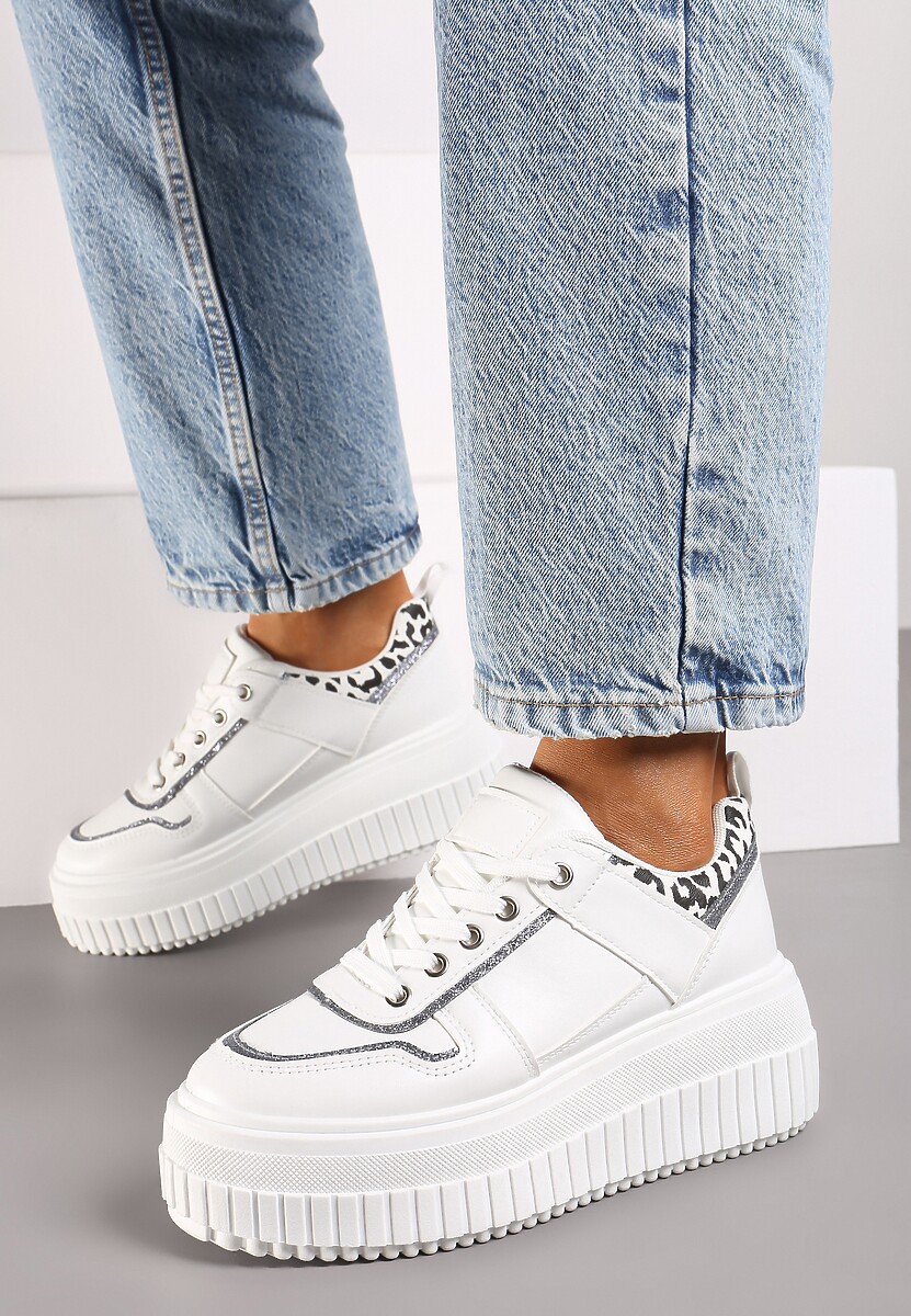 Białe Sznurowane Sneakersy na Platformie Ozdobione Panterką Ivenora