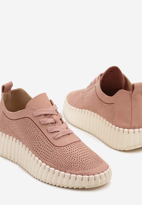Różowe Sneakersy na Tłoczonej Platformie z Ażurową Cholewką Ronfira