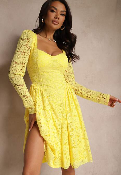 Żółta Taliowana Sukienka z Koronki z Rozkloszowanym Dołem Teladriela