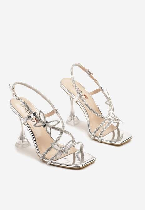 Srebrne Sandały na Szpilce w Kształcie Klepsydry z Cyrkoniami i Motylami 3D Selzivia