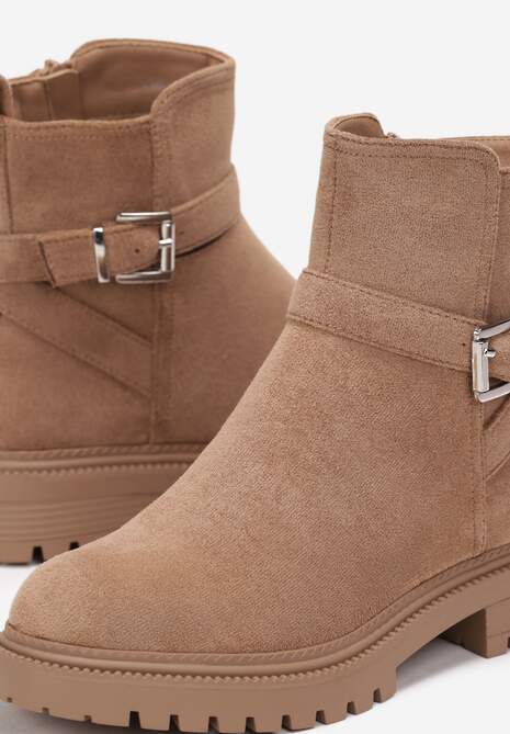 Brązowe Płaskie Botki na Grubej Podeszwie z Klamerką na Cholewce i Zamkiem Błyskawicznym Layliee