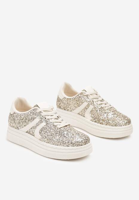 Złote Brokatowe Sneakersy na Niskiej Platformie Nevilinna