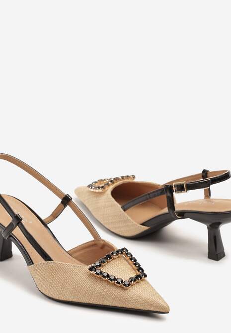 Czarne Sandały Slingback na Kaczuszce z Tweedowymi Wstawkami i Cyrkoniami Nalivna