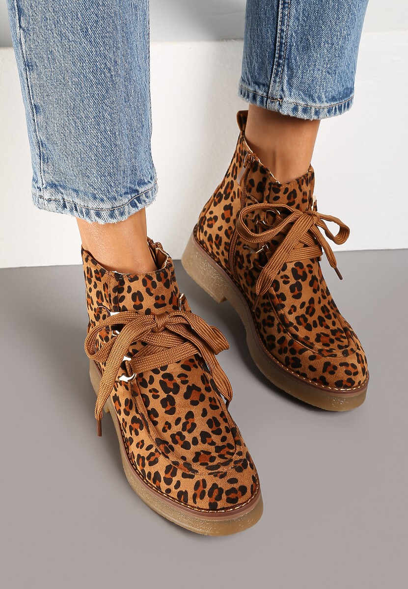 Brązowe Ocieplane Płaskie Botki Ozdobione Sznurowaniem i Wzorem w Panterkę Resivara