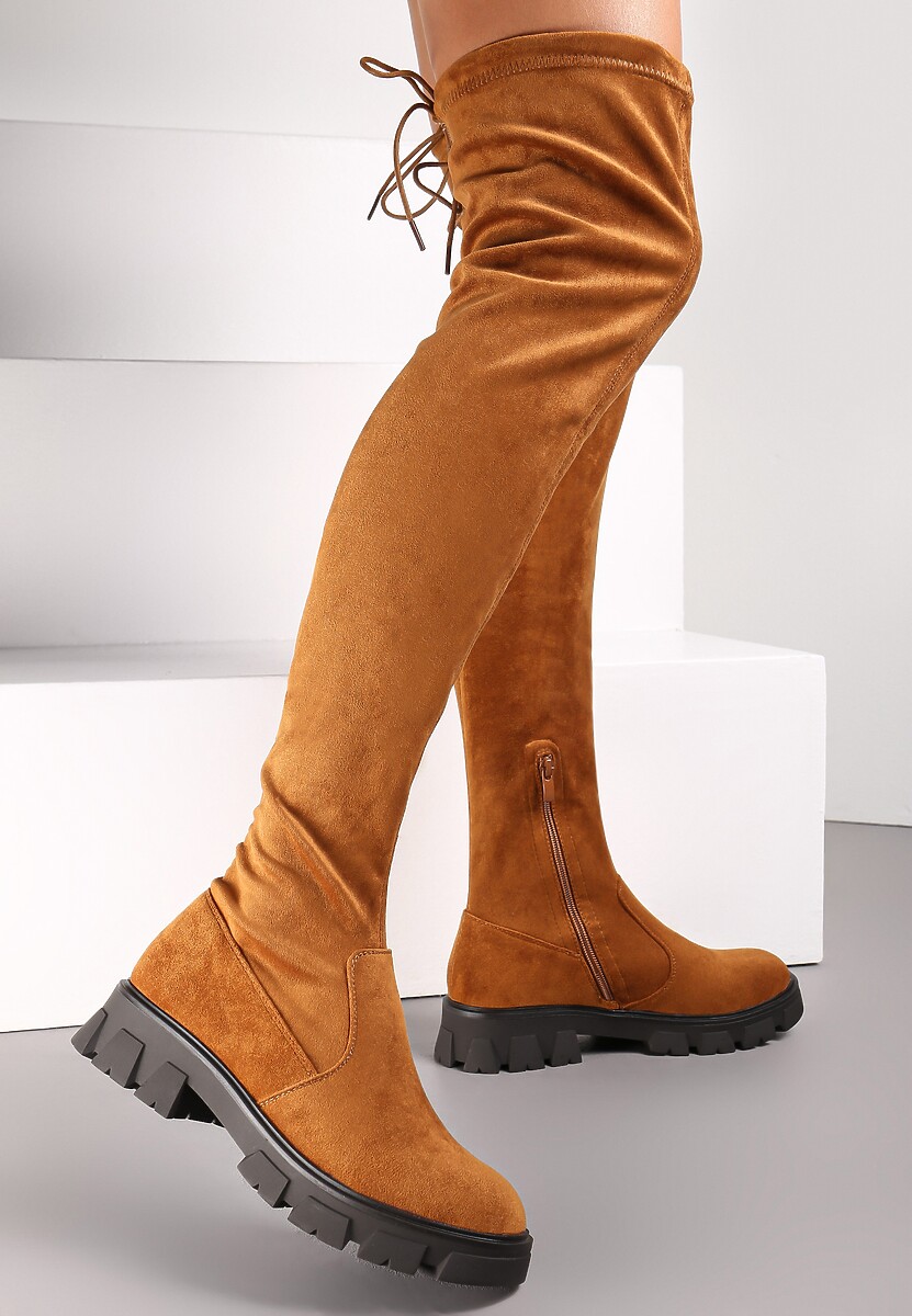 Brązowe Kozaki z Dopasowaną Cholewką za Kolano Cilki