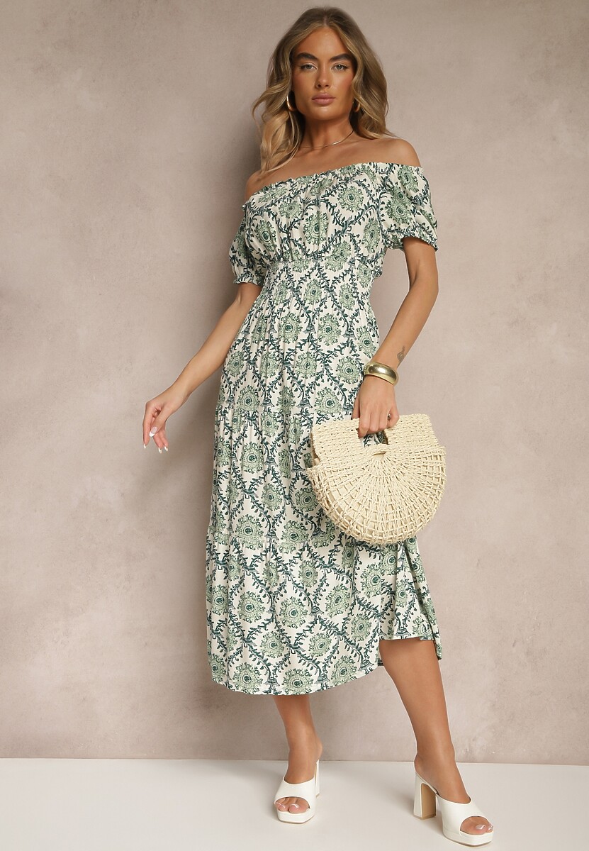 Zielona Sukienka z Bawełną Ozdobiona Bufiastymi Rękawami Revalle