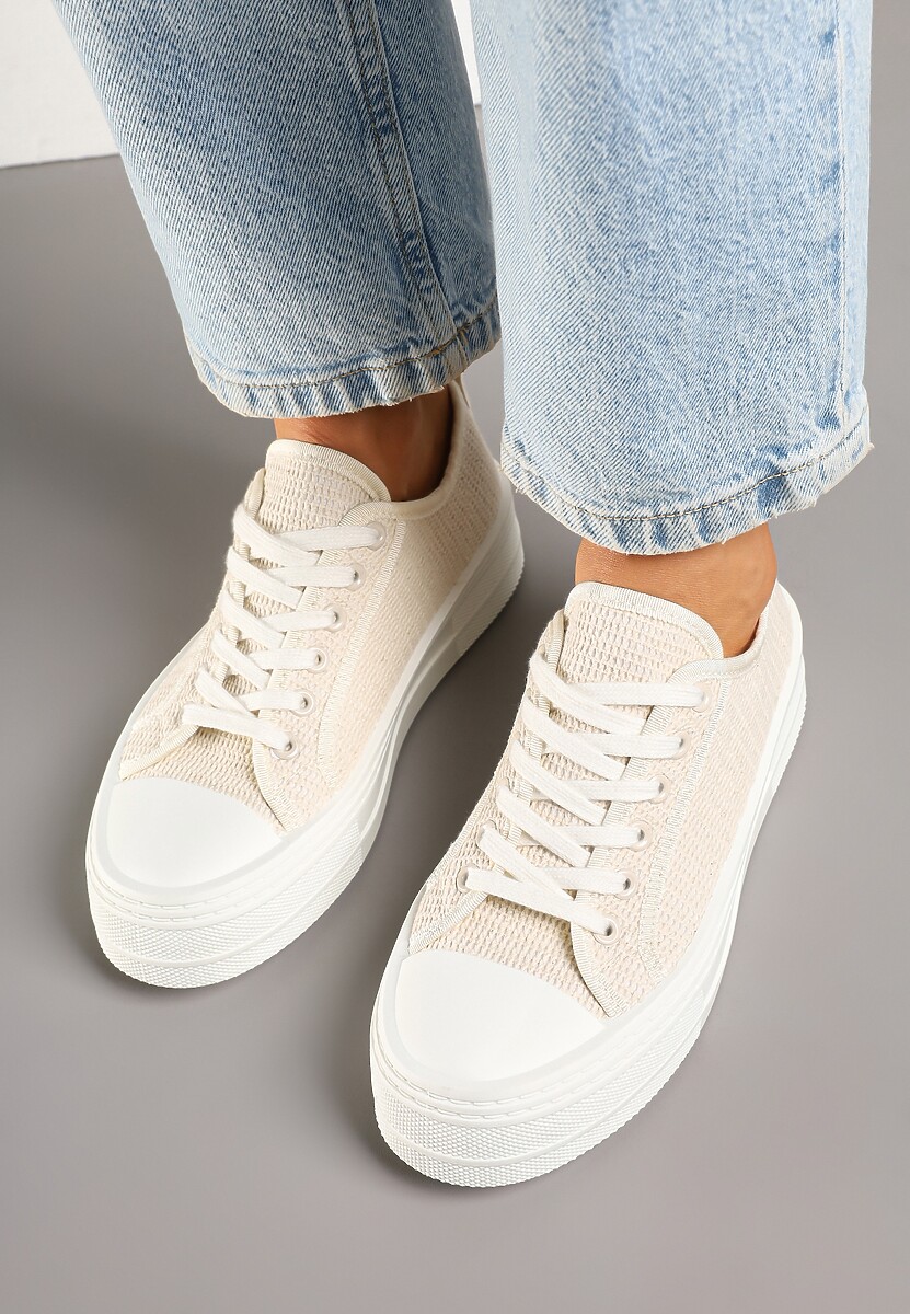 Beżowe Trampki na Platformie Ozdobione Plecionką Ronliera