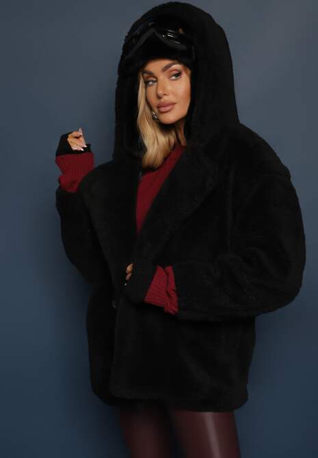 Czarna Futerkowa Kurtka Teddy z Kapturem z Wsuwanymi Kieszeniami Gerovia