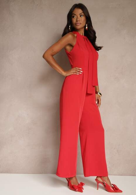 Czerwony Kombinezon Wide Leg z Ozdobnym Wiązaniem przy Szyi Silelia