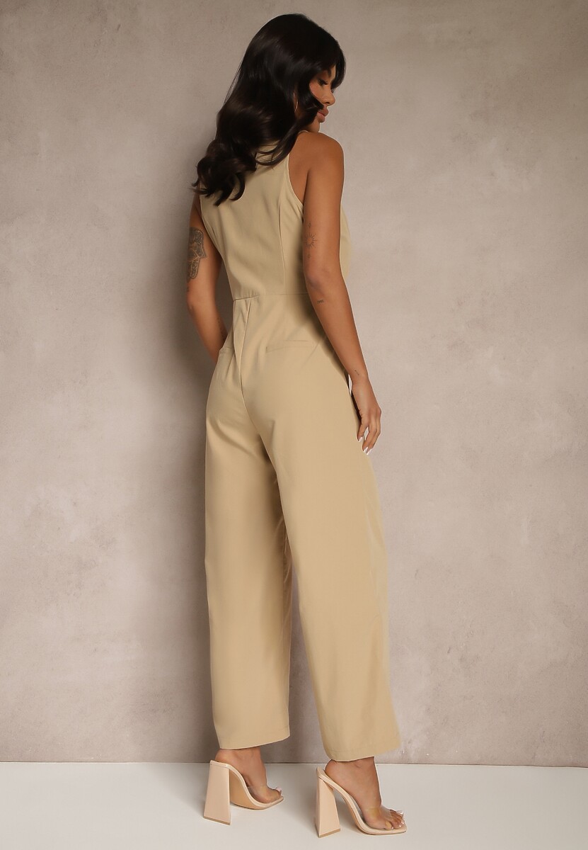 Beżowy Taliowany Kombinezon Elegancki z Dekoltem V Nevianis