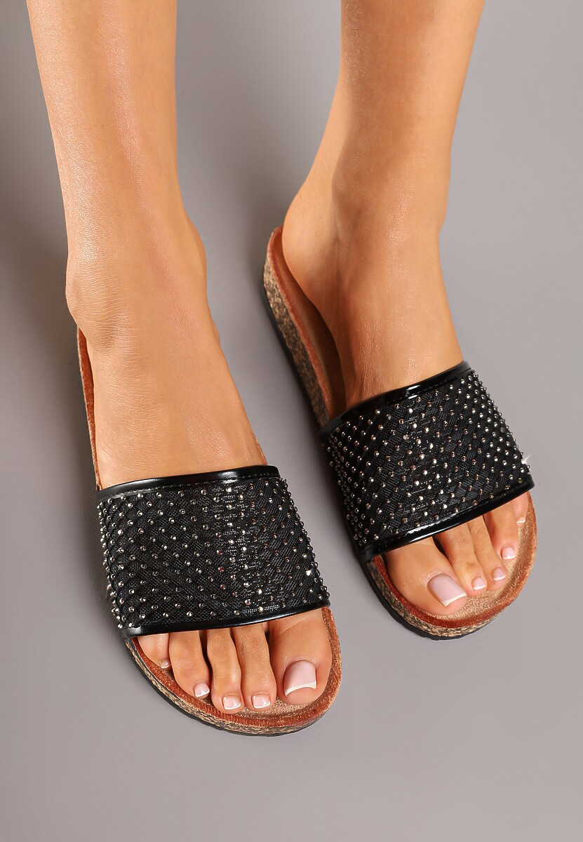 Czarne Klapki z Siateczki z Cyrkoniami na Korkowej Podeszwie Alimettia