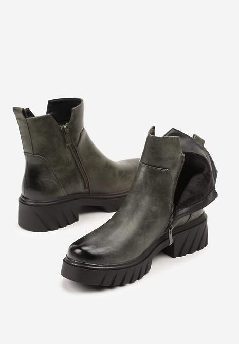 Zielone Botki do Kostki z Suwakiem na Grubej Podeszwie z Tłoczeniami Redvira