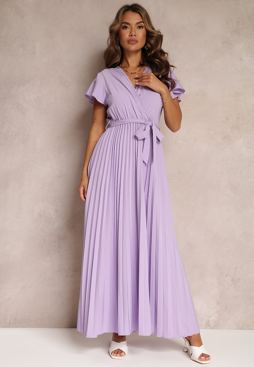 Fioletowa Koktajlowa Maxi Sukienka Ozdobiona Plisami z Trójkątnym Dekoltem i Wiązaniem w Talii Phoelia