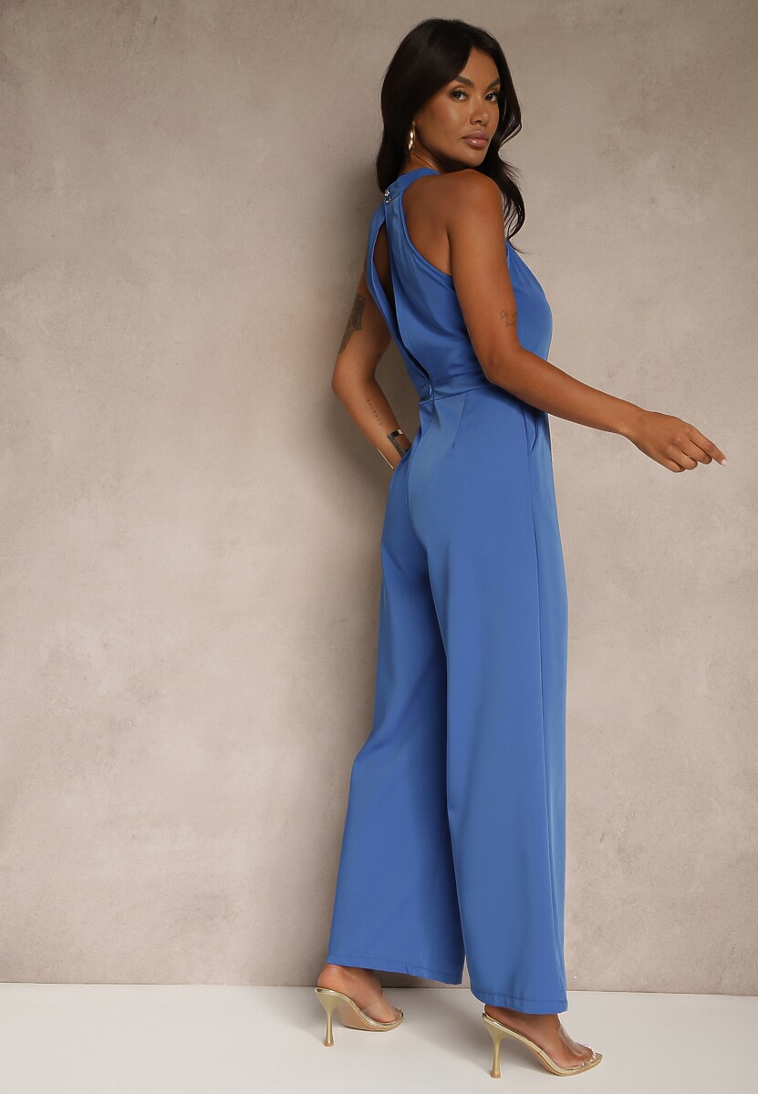 Niebieski Kombinezon Wide Leg z Ozdobnym Wiązaniem przy Szyi Silelia