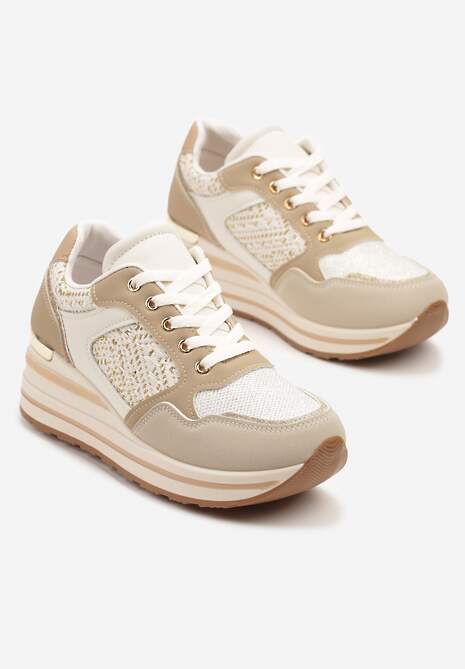 Beżowe Sneakersy na Koturnie z Geometrycznym Wzorem i Brokatem Tillineira