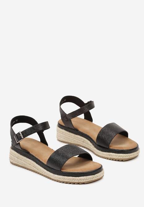 Czarne Płaskie Sandały z Plecionką z Ekoskóry Zapinane wokół Kostki Testrina