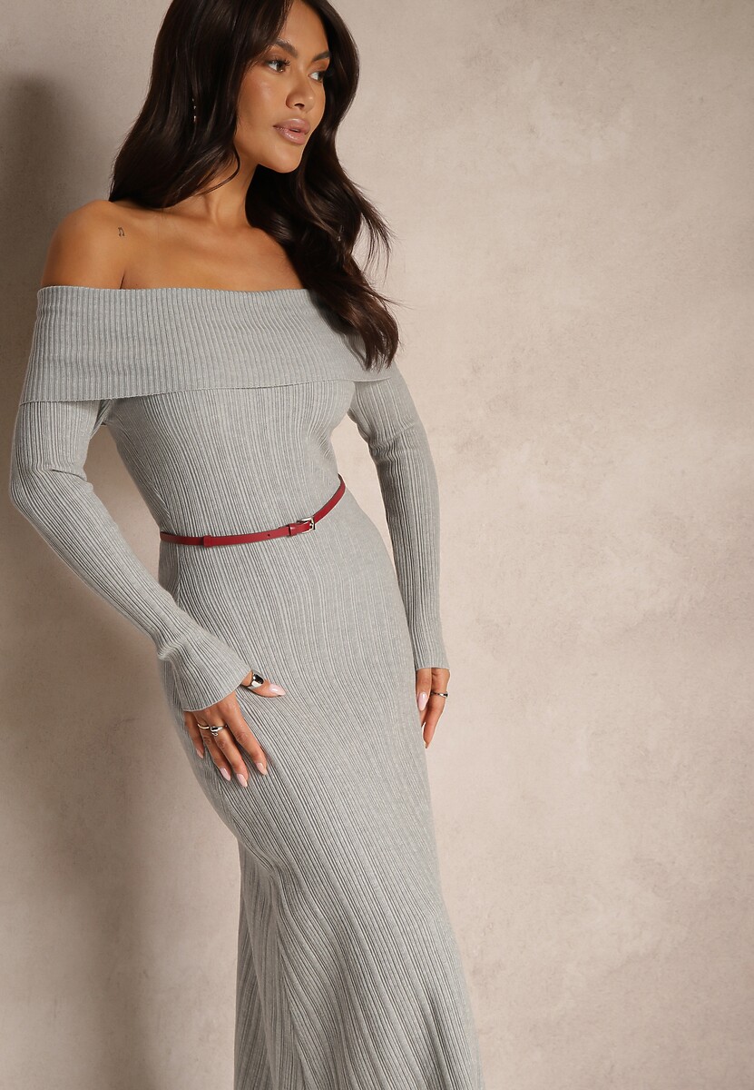 Szara Sukienka z Wiskozą Ozdobiona Wywiniętym Dekoltem Siarielis