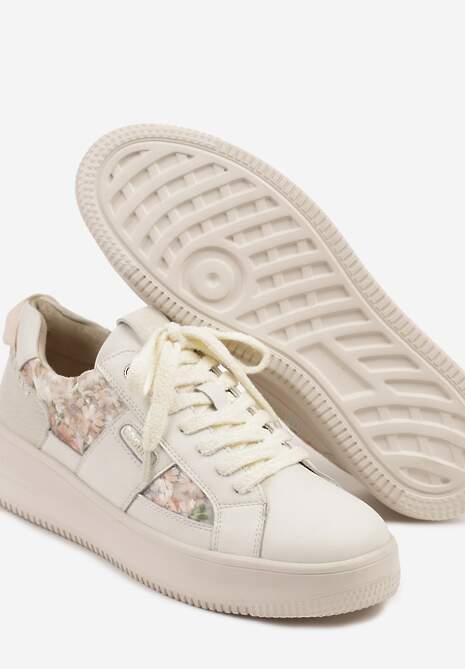Beżowe Sneakersy ze Skóry Naturalnej z Kwiatami i Napisem Nilalora