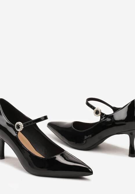 Czarne Czółenka na Obcasie Kaczuszka ze Szpiczastym Noskiem i Ozdobnym Paseczkiem Dailithe