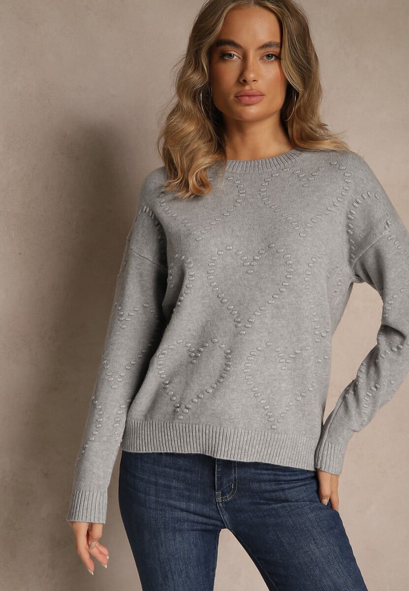 Szary Sweter z Tłoczonymi Sercami Unareia
