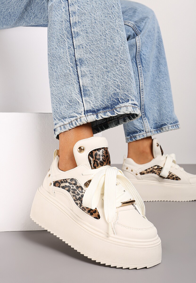Panterkowe Sneakersy na Platformie Ozdobione Nitami i Metalicznymi Elementami Azista