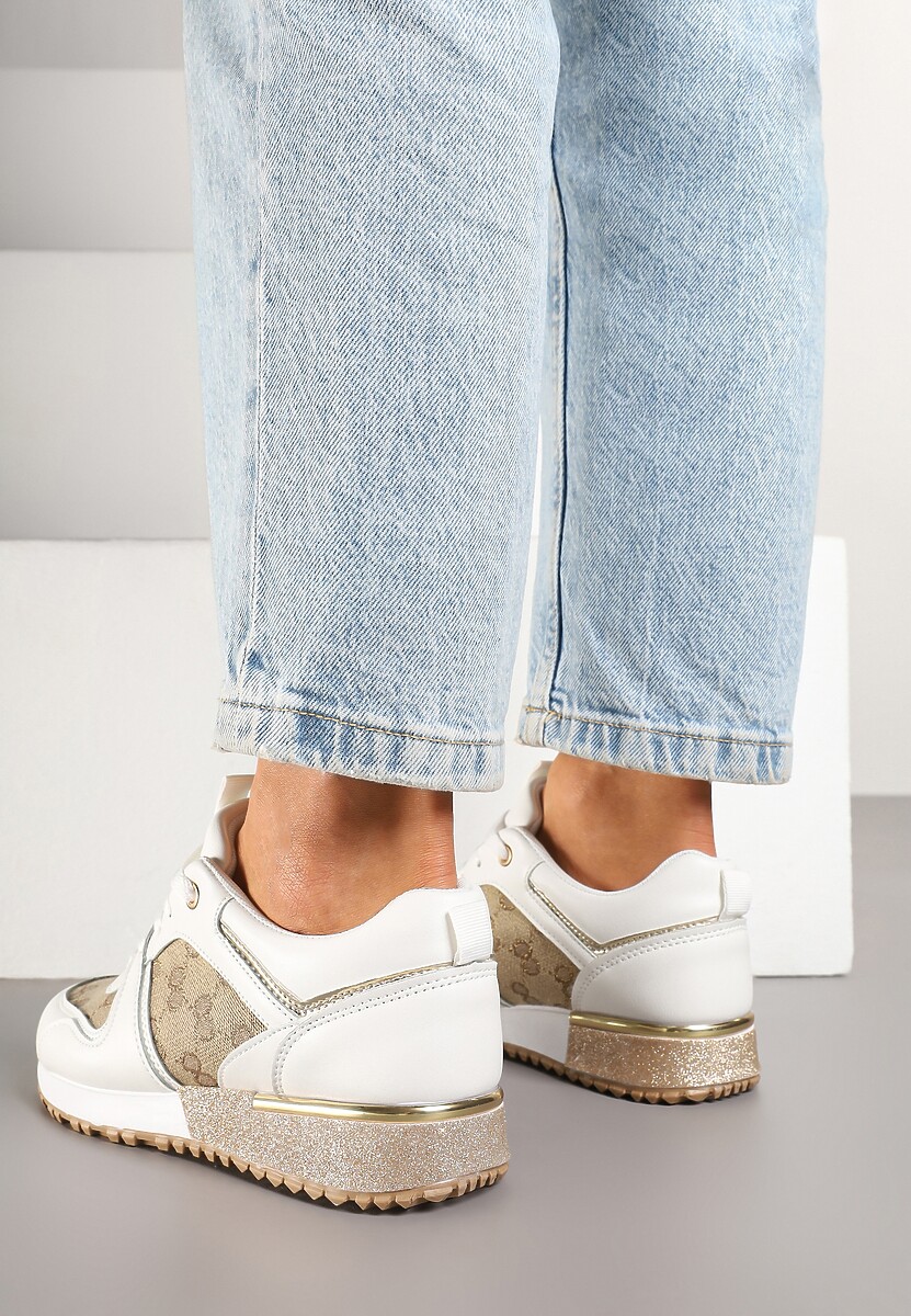 Biało-Brązowe Sneakersy Ozdobione Metaliczną Aplikacją i Przeszyciami Soltia