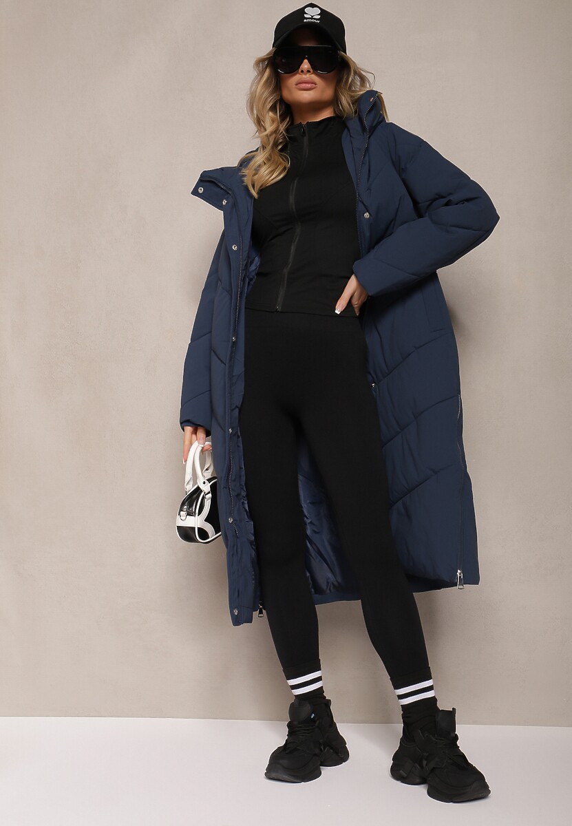 Granatowa Długa Kurtka Pikowana z Nieodpinanym Kapturem Nerindale