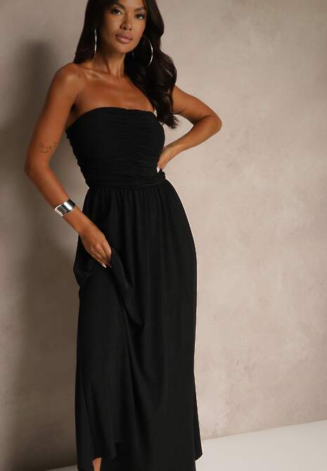 Czarna Marszczona Koktajlowa Sukienka Bandeau z Wiskozą Nalirion