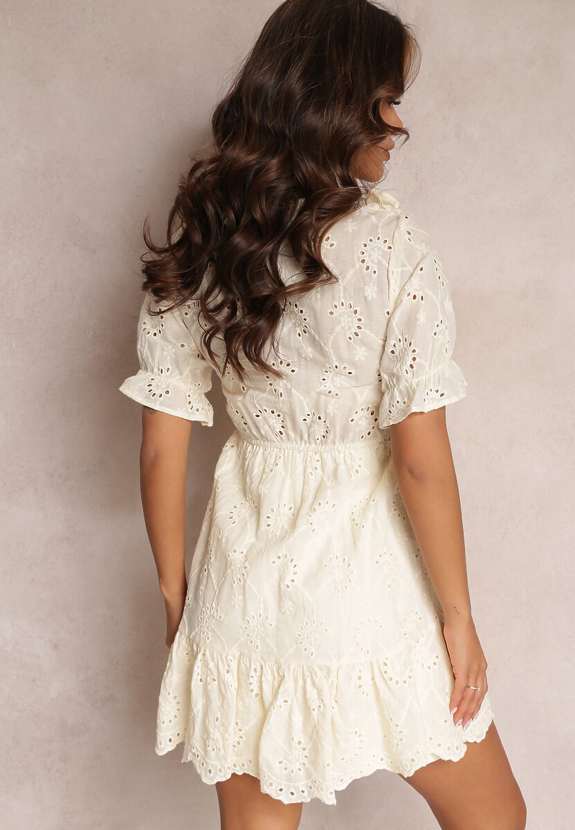 Beżowa Ażurowa Sukienka Mini z Gumką w Taliii Falbankami Rakki