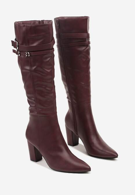 Bordowe Kozaki do Kolan na Słupkowym Obcasie ze Sprzączkami na Paskach Miobela