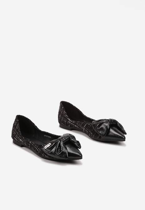 Czarne Balerinki ze Szpiczastym Noskiem i Aplikacją z Kokardą Eleariva