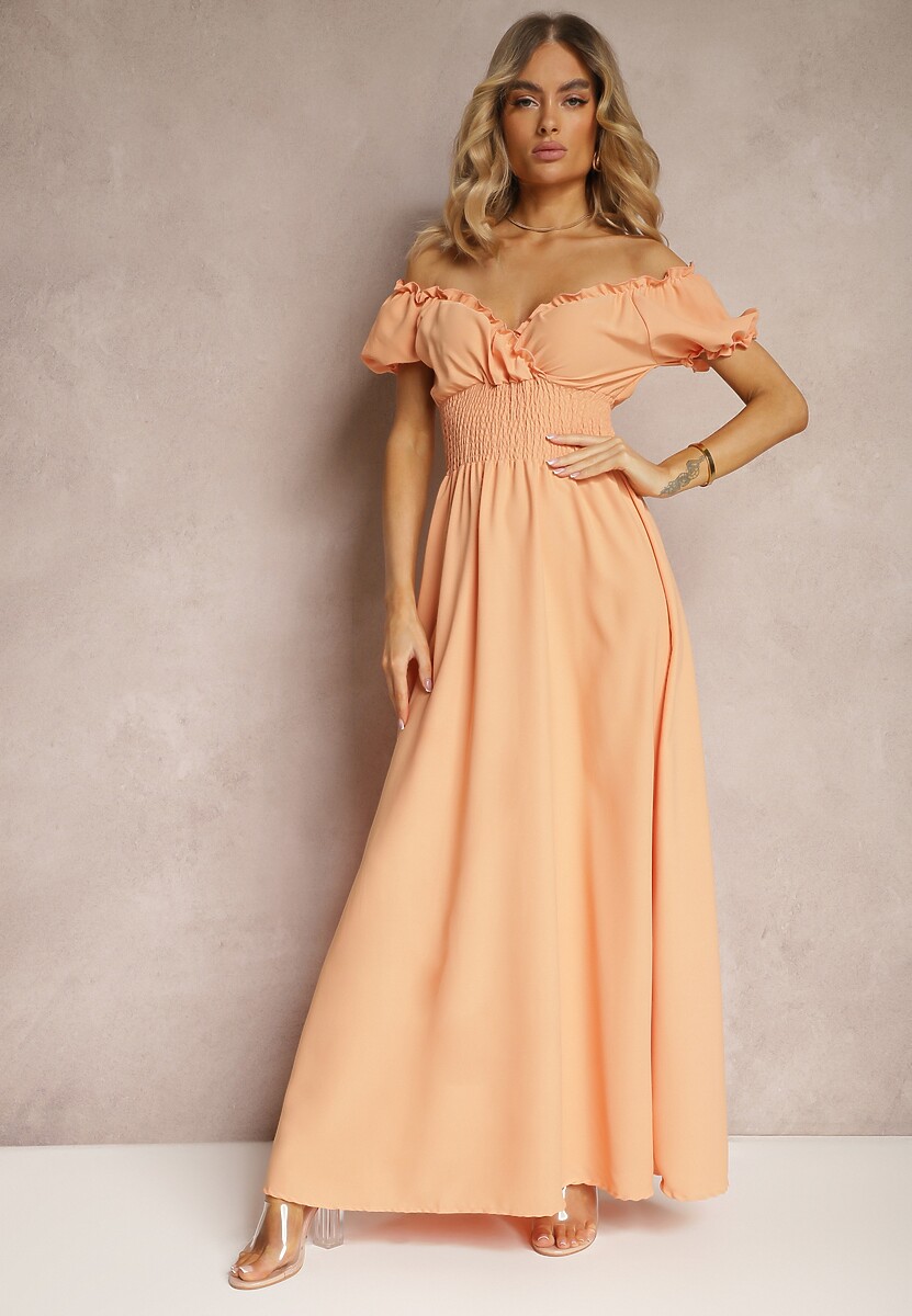 Pomarańczowa Sukienka z Wiskozy z Gumką w Talii i Kopertowym Dekoltem Rhoneri