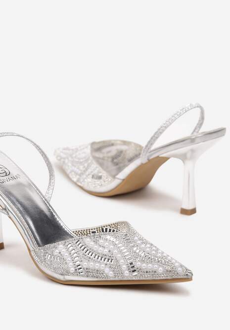 Srebrne Plecione Sandały Szpilki ze Szpiczastym Noskiem Zdobione Perłami Gonnara