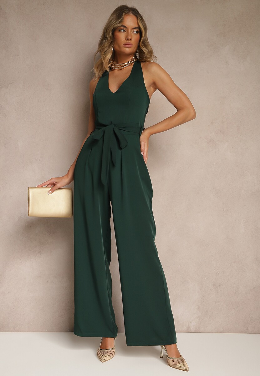 Ciemnozielony Kombinezon o Taliowanym Kroju z Dekoltem Halter i Wiązanym Paskiem Malisena