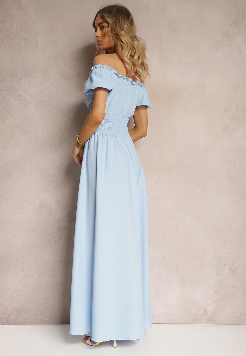 Jasnoniebieska Sukienka z Wiskozy z Gumką w Talii i Kopertowym Dekoltem Rhoneri