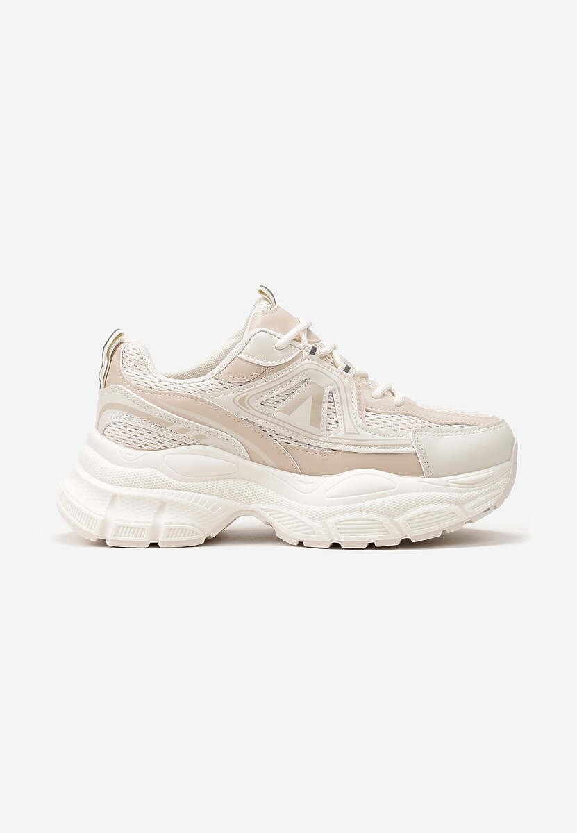 Beżowe Sneakersy z Siateczką i Wstawkami z Ekoskóry na Grubej Podeszwie Anirele