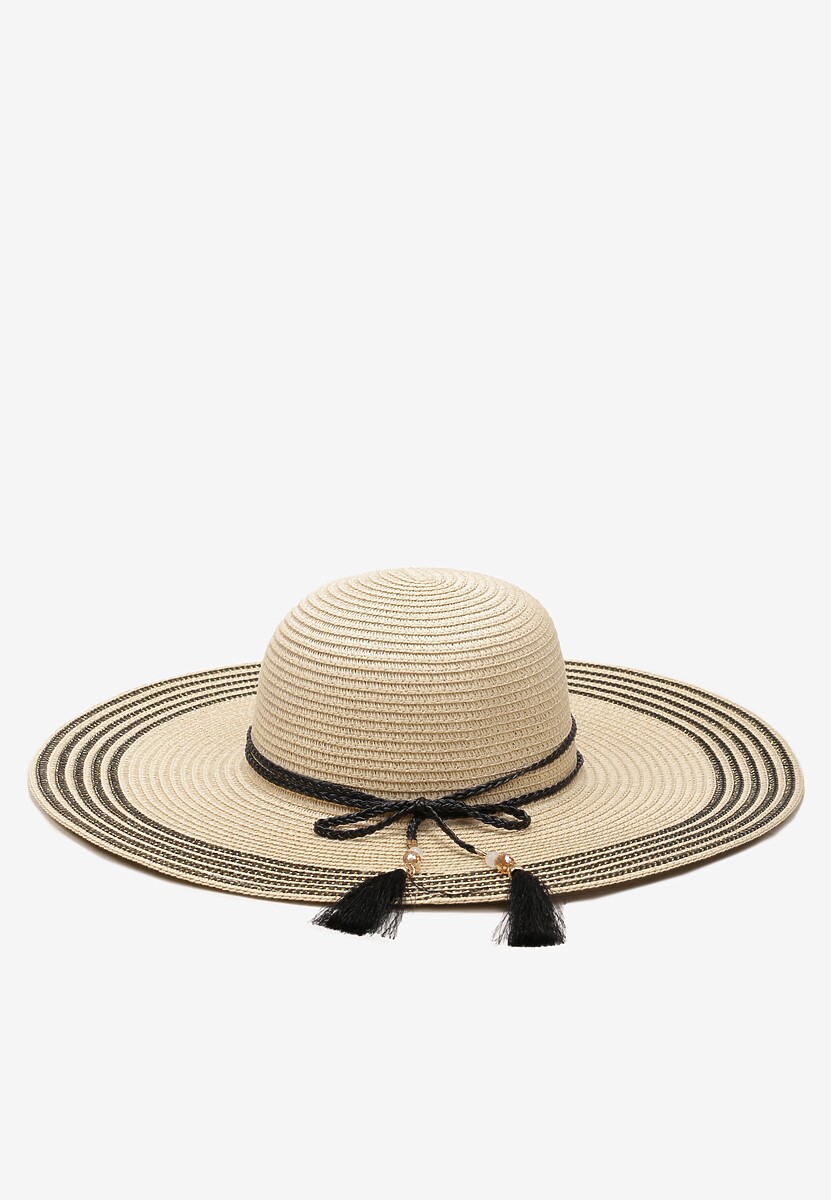 Jasnobeżowy Kapelusz z Chwostami i Koralikami z Szerokim Rondem Vadala